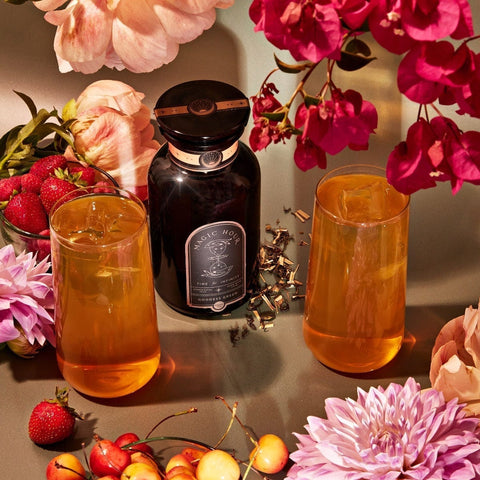 Magic Hour green iced tea with flowers and fruit.