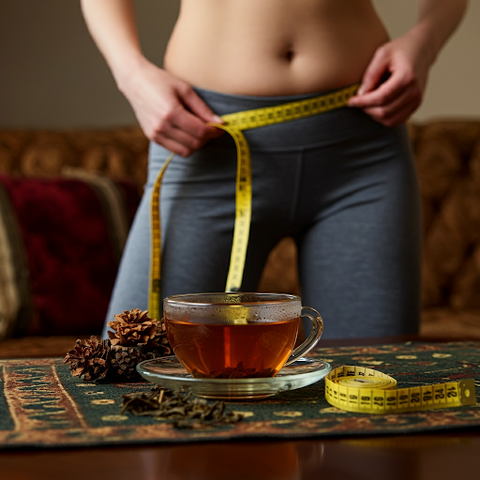 Image representing the best tea for weight loss. A steaming cup of tea on a decorated coffee table with a woman in the background measuring her waist circumference with a measuring tape.