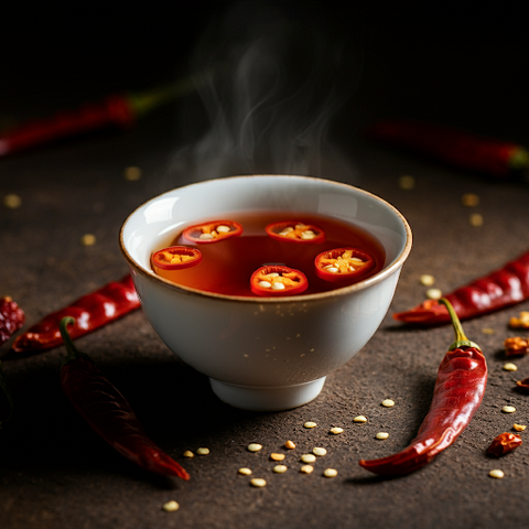 An image of a cup of hot, steaming tea with some added slices of hot red chilli peppers, and some dried chilli peppers on the sides