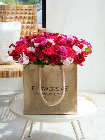 Pink Flowers in a Jute Bag