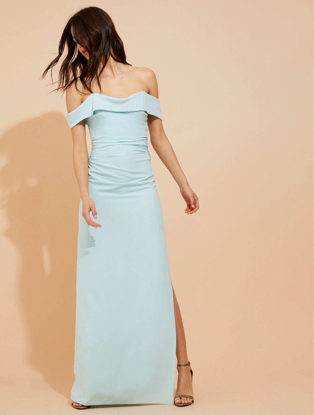 off the shoulder crepe gown