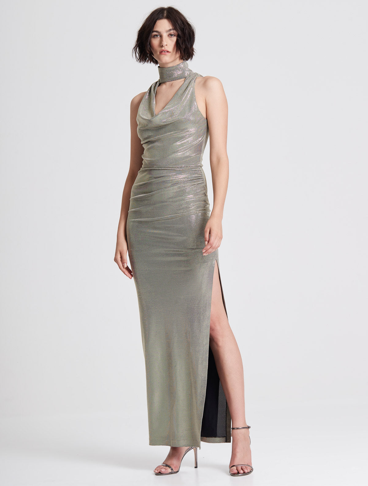 halston heritage metallic knit evening gown