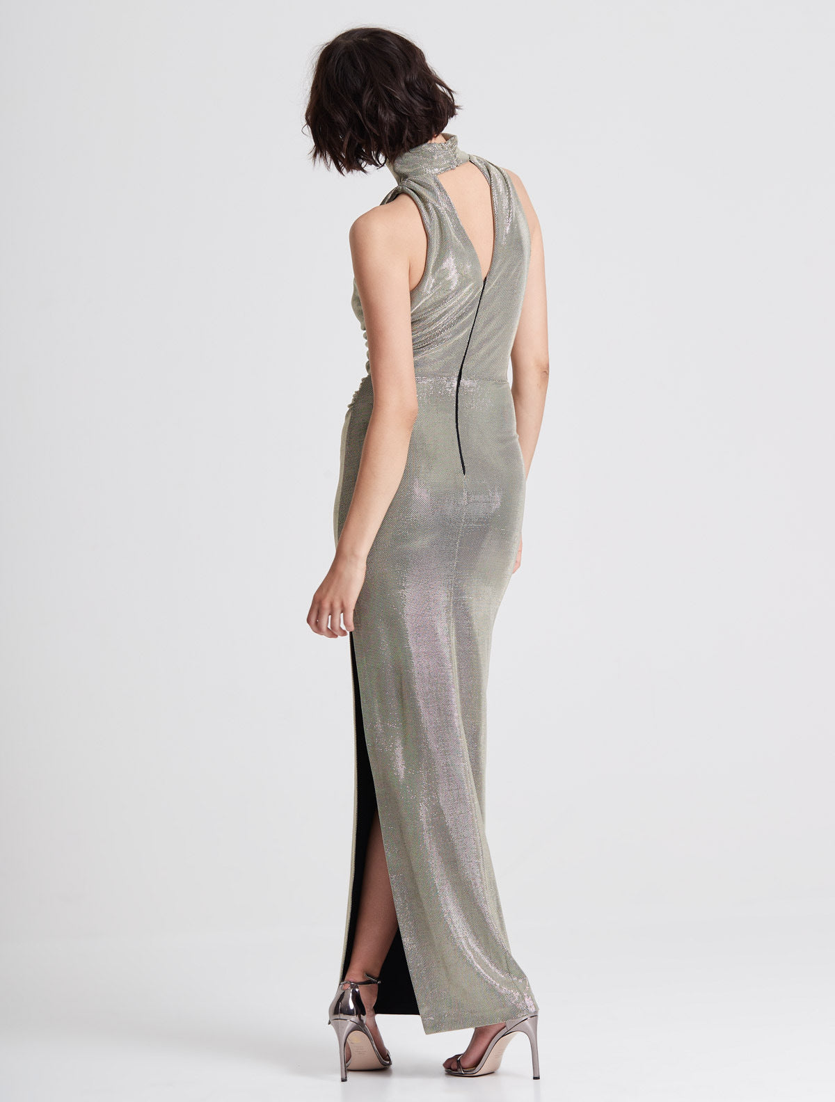 halston heritage metallic knit evening gown