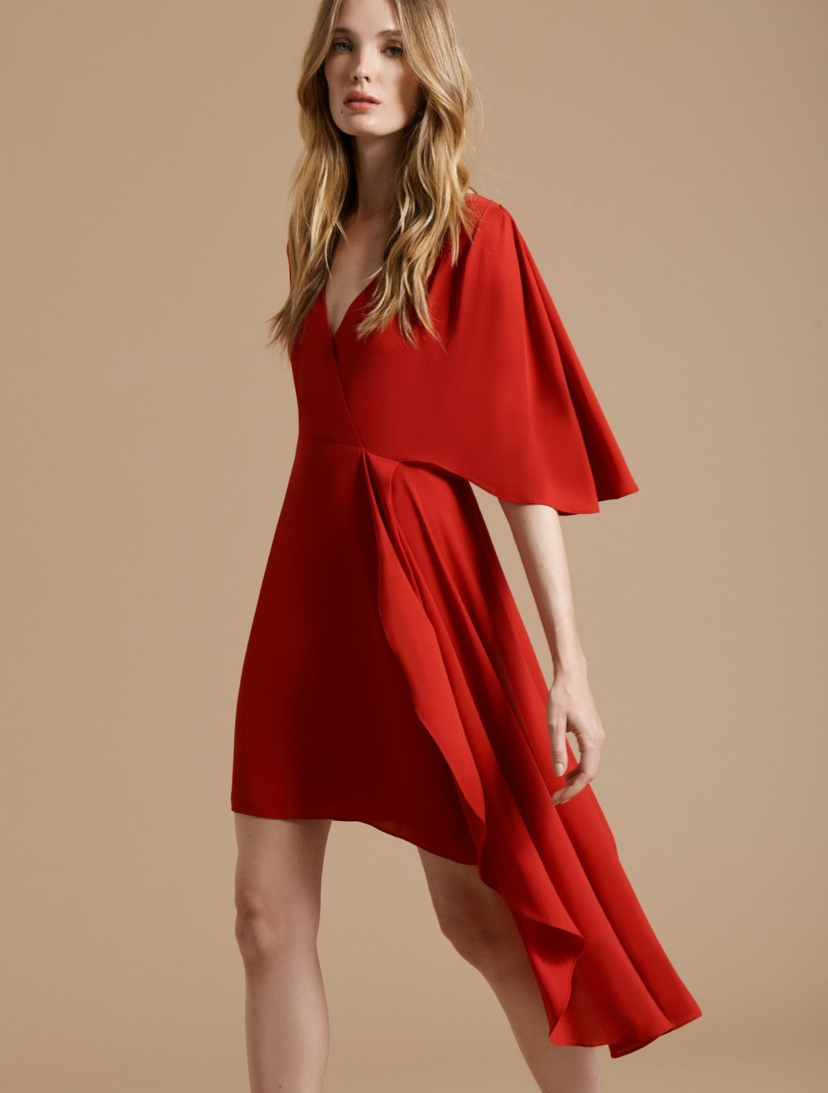 red flowy wrap dress