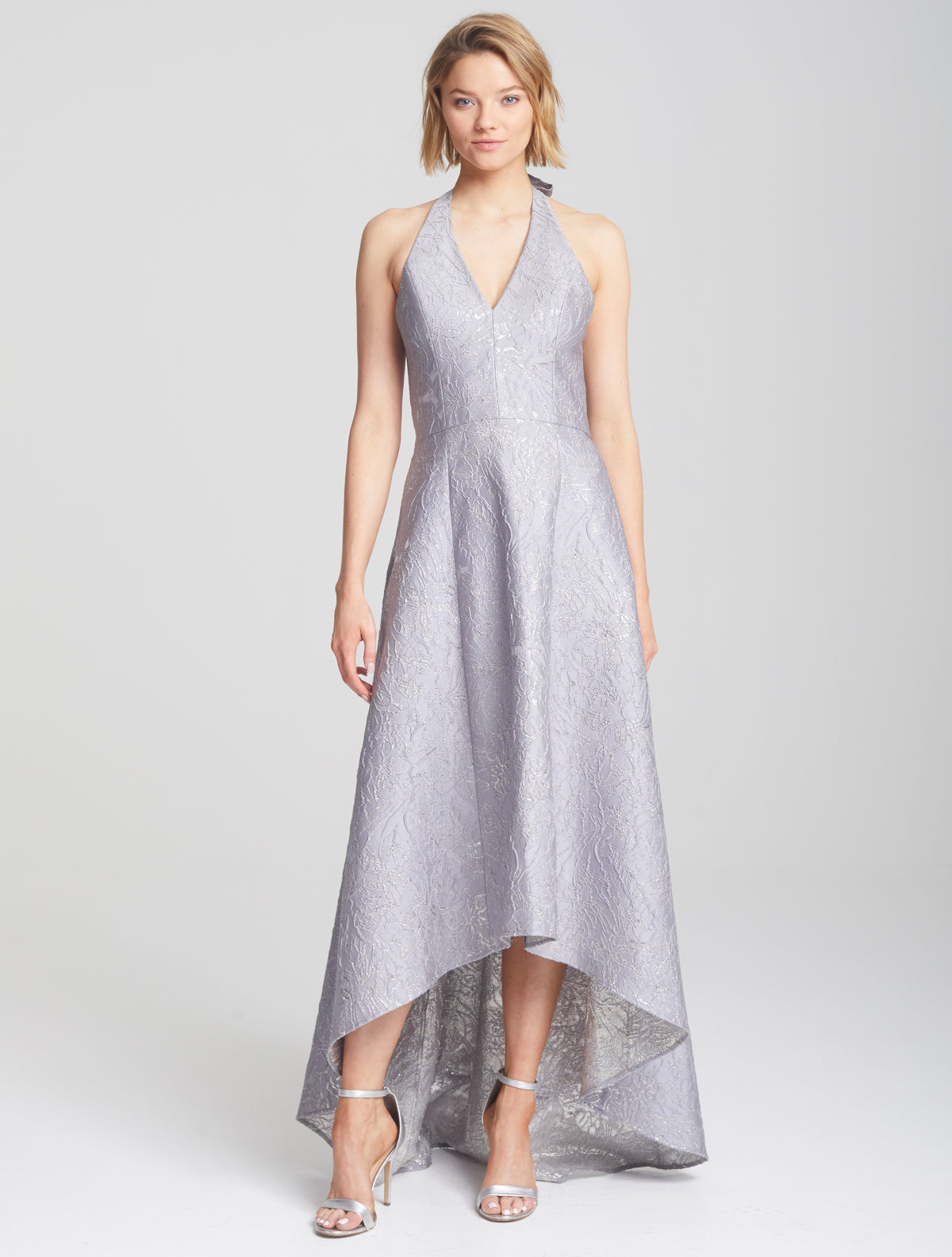 halston heritage silver gown