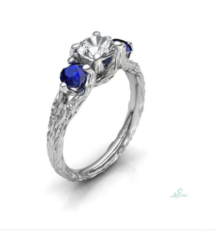 Three stone twig engagement ring | Unique Blue Sapphire ring