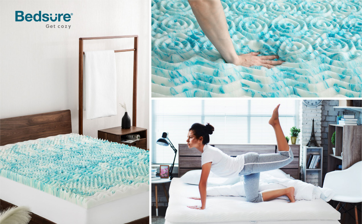 Bedsure Mattress Topper cover features a 38-centimeter skirt with elastic sides and a women lay on it.