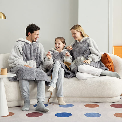 Family wearing gray Bedsure Wearable Sherpa Blankets