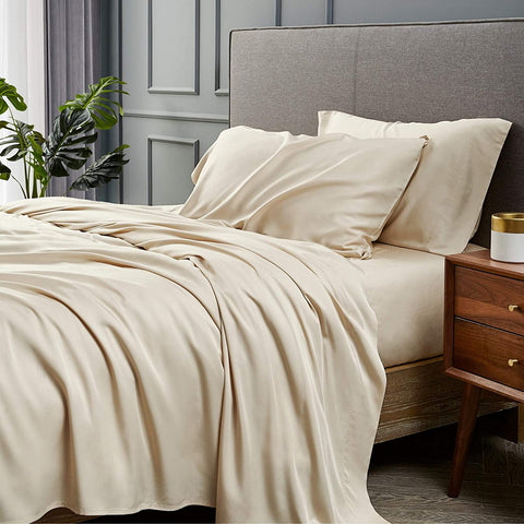 Soft Bedsure Bamboo Sheet Set - khaki color sheets on large bed in bedroom