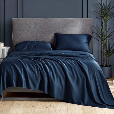 Bedsure Navy blue Bamboo Viscose Sheet Set on bed