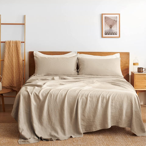 Natural color linen sheet set on bed - photo by Bedsure