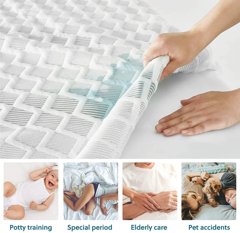 Person lifting up stained Bedsure mattress pad with geometric pattern to show protected mattress