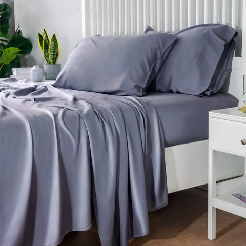 Cooling Bamboo Sheet / Gray sheets on bed in bedroom / Bamboo Cooling Bedsheet Set from Bedsure
