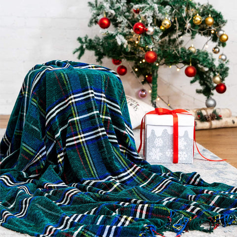 Bedsure Hunter Green Christmas Plaid Blanket by Christmas tree