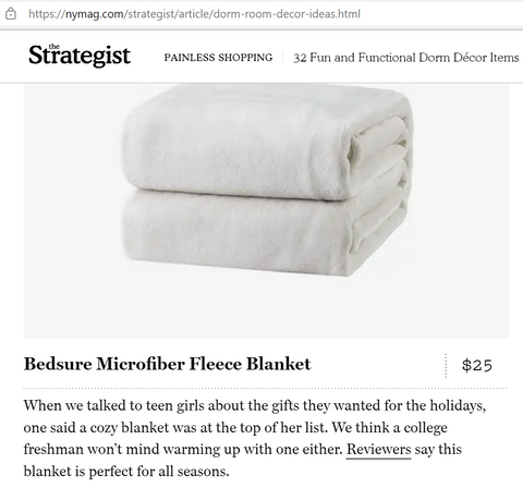 NY Magazine media coverage of Bedsure's microfiber fleece blanket