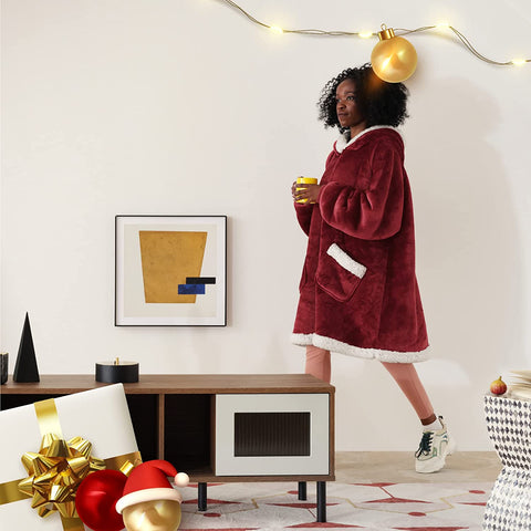 Woman wearing Burgundy Knee-Length Wearable Sherpa Fleece Blanket and walking in a living room