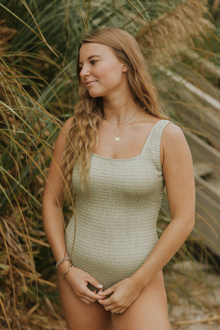 sage green modest one piece for women smocked