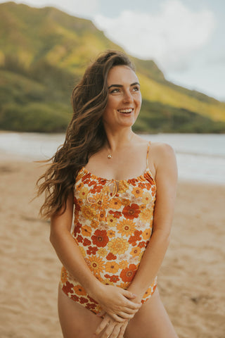 orange and yellow floral one piece swimsuit for women modest cute