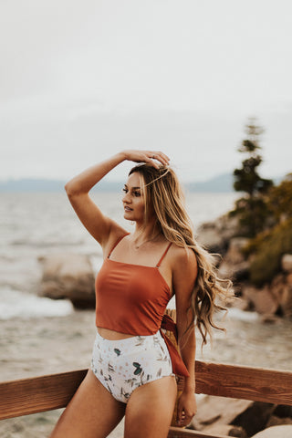 Cute Modest Rust Orange Tankini with Floral White Bikini High Waisted Bottoms