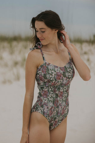 vintage floral one piece with shoulder tie bows