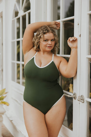forest green one piece swimsuit for women white outline