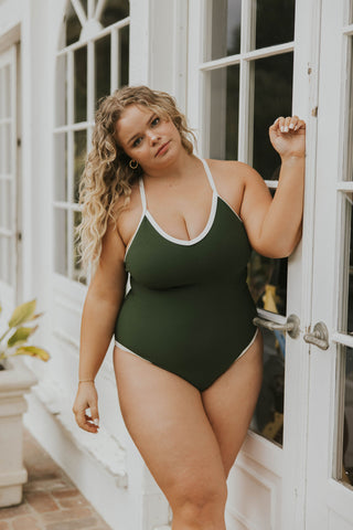 forest green one piece swimsuit for women white trim