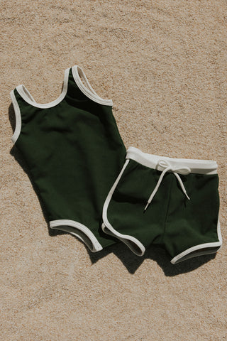 mommy and me green sporty matching kids swimsuit boy swim trunks little girls one piece
