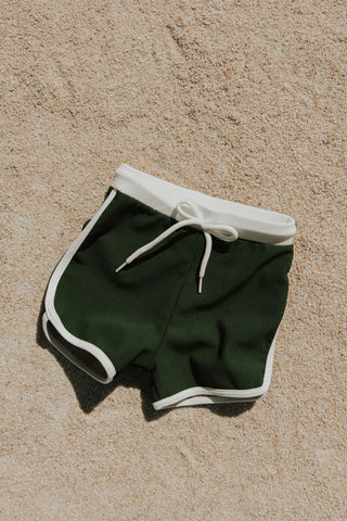 Little boys drawstring secure swim trunks dark green