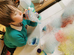 Bubble Painting with our Bubble Foamer and Kit for indoor bubbles and crafting