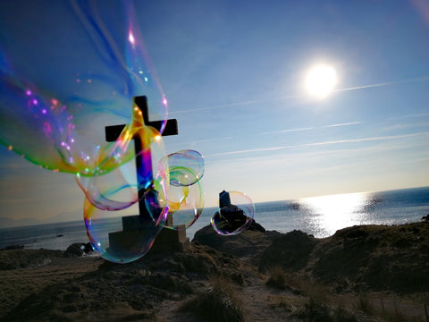 Ynys Llandwyn – Llandwyn Island image, Celtic cross, lighthouse and giant bubbles
