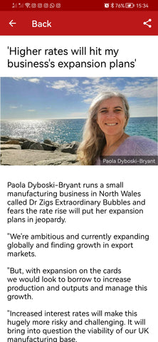 Screenshot from the BBC News website featuring Paola Dyboski and how rising interest rates will affect Dr Zigs