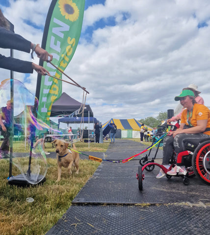 Woman in wheelchair with assistance dog play with dr zigs bubbles