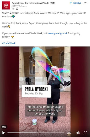 Screenshot of a Linkedin post by the Department of Trade and Industry (DTI) featuring Paola Dyboski, Bubbler in Chief at Dr Zigs and newly appointed Export Champion