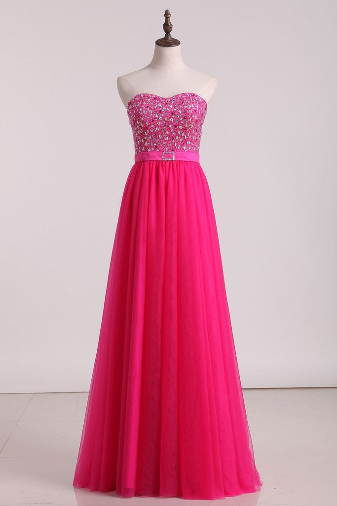 Sweetheart A-Line Tulle Prom Gown Beaded Bodice With Ribbon Floor-Length