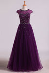 Prom Dress Scoop A Line/Princess Open Back Tulle With Beads