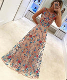 A Line Floral Scoop Sleeveless Prom Dresses with Embroidery Long Formal Dresses SSM466