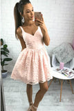 A Line V Neck Short Pearl Pink Lace Appliques Sleeveless Knee Length Homecoming Dress H1015