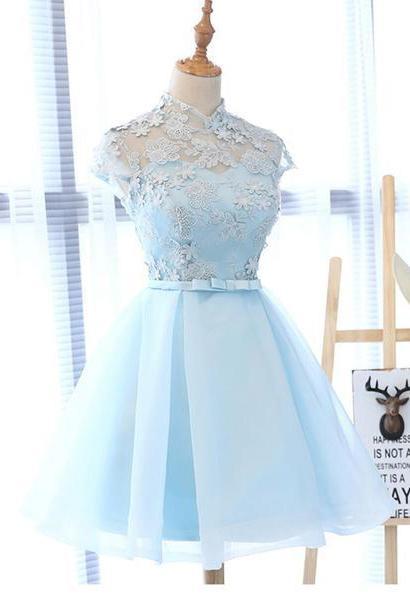 Buy Cute A Line Light Blue High Neck Cap Sleeve Homecoming Dresses with ...