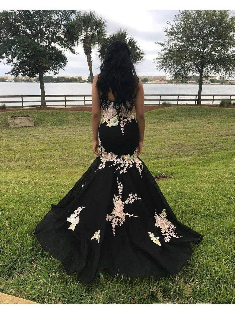 Black Mermaid Prom Dresses Strapless Embroidery Applique Sexy Prom Dresses