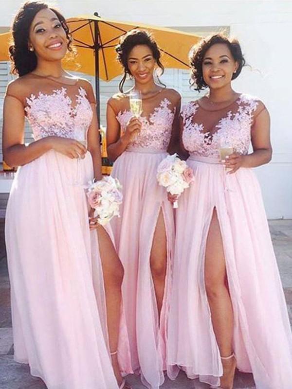 A-Line Pink Princess High Slit Scoop Sleeveless Lace Applique Chiffon Bridesmaid Dresses SSM316