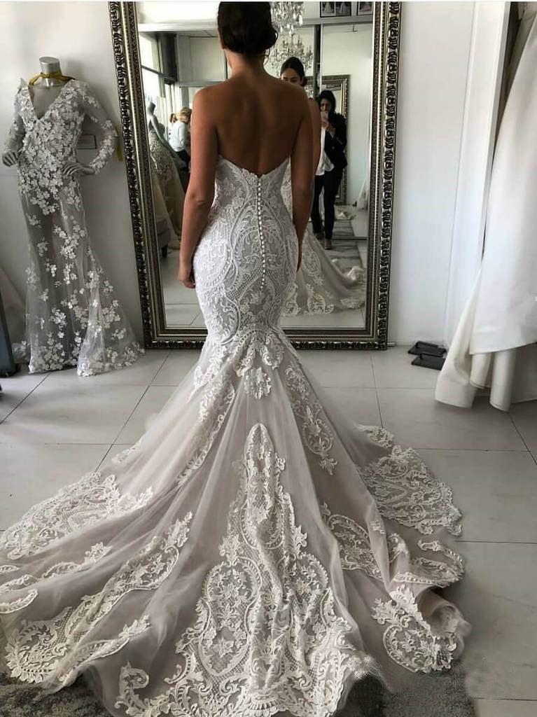 Buy Sexy Mermaid Ivory Lace Appliques Backless Wedding Dresses Wedding