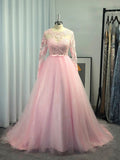 Ball Gown Long Sleeves Tulle Lace Jewel Sweep/Brush Train Dresses TPP0001586
