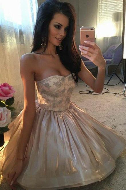 A-Line Sweetheart Cute Short Prom Dress Organza Above Knee Homecoming Dress with Lace SSM708