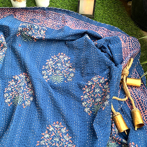 Indigo Tribal Kantha Bedspread