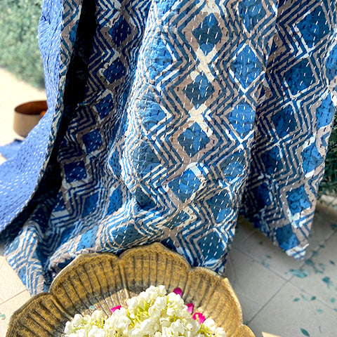 Indigo Diamond Kantha Bedspread