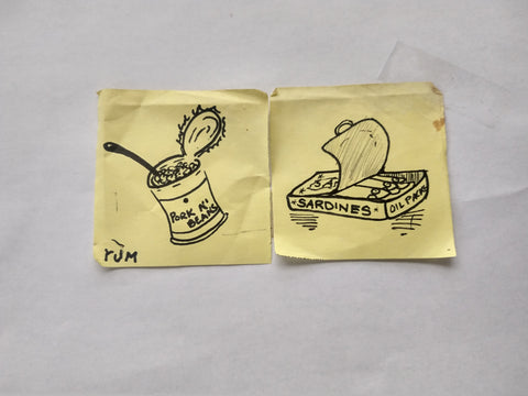 Two post-it notes with images drawn on them in black sharpie. The one on the left shows an opened can of pork and beans and the signature "Rum." The one on the right features a can of sardines with the top peeled back.