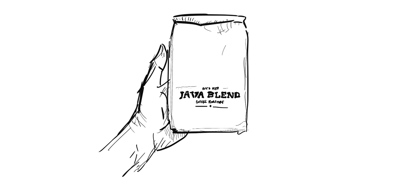 Illustration of a hand holding a bag of Java Blend coffee