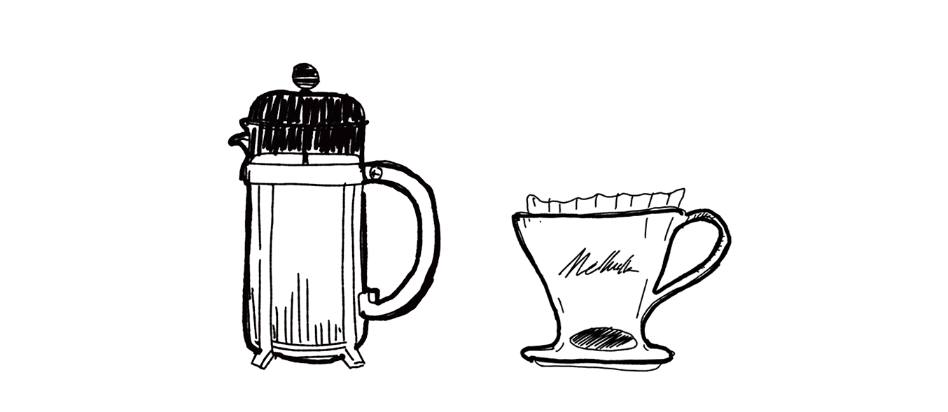 Illustration of two brewing methods, french press and Melitta pour over.