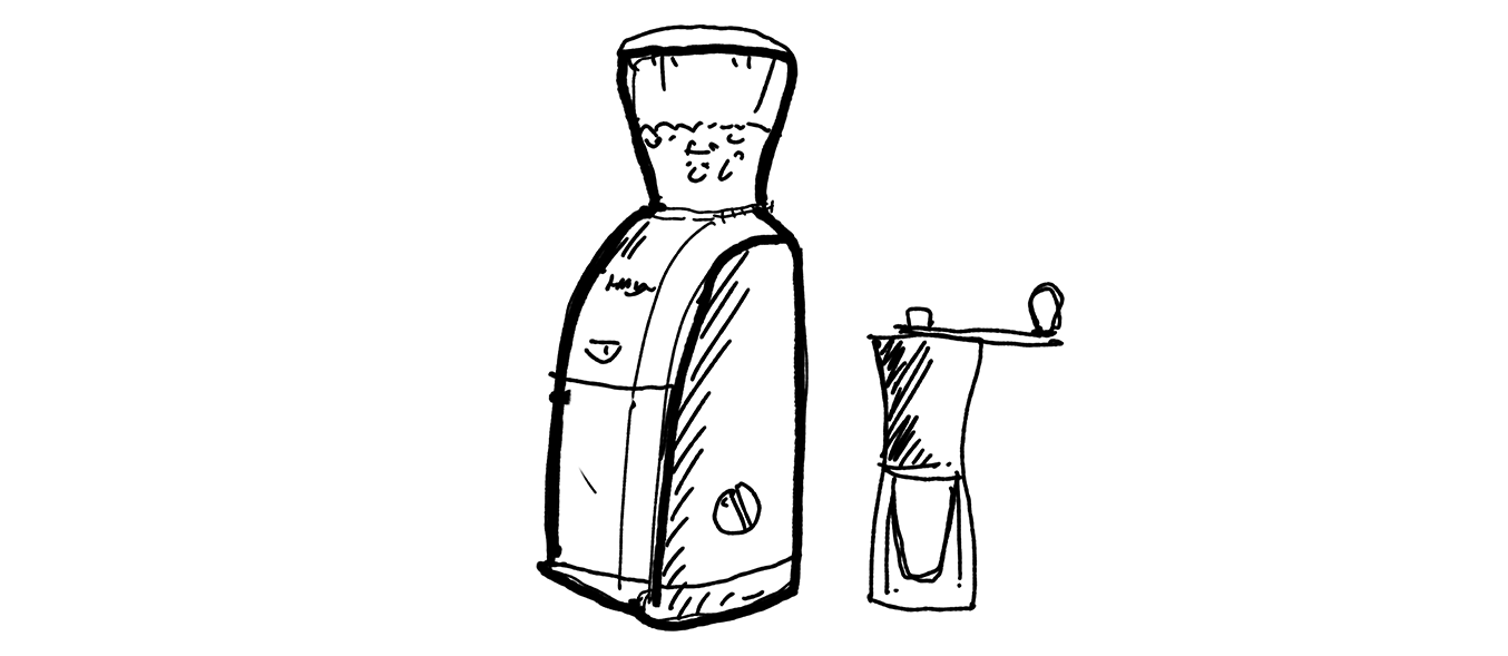 Illustration of two coffee grinders. One electric and one manual.