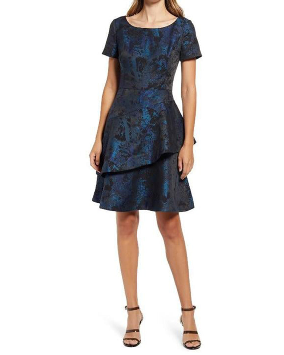 Buy Online Asymmetrical Tiered Jacquard Dress in Blue for Women | Shani ...